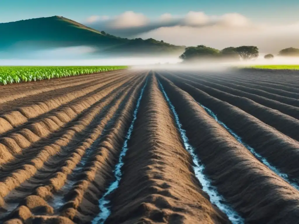 Paisaje contrastante: suelo erosionado con desechos agrícolas vs suelo sano y próspero