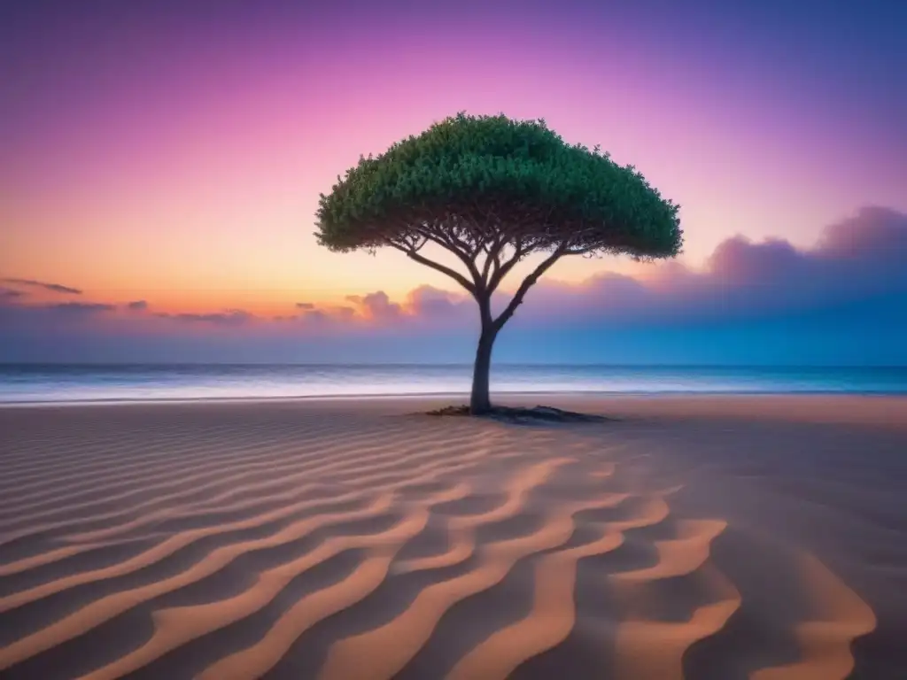 Paisaje costero sereno al atardecer, con olas suaves, un árbol solitario y cielo rosado por consecuencias erosión costera cambio climático