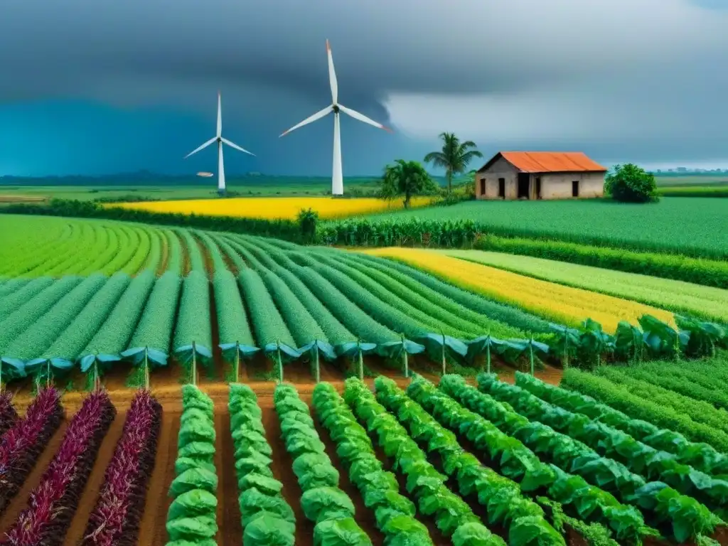 Un paisaje cubano exuberante con cultivos diversos, casas rurales y molinos eólicos, mostrando modelos desarrollo sostenible cambio mundo