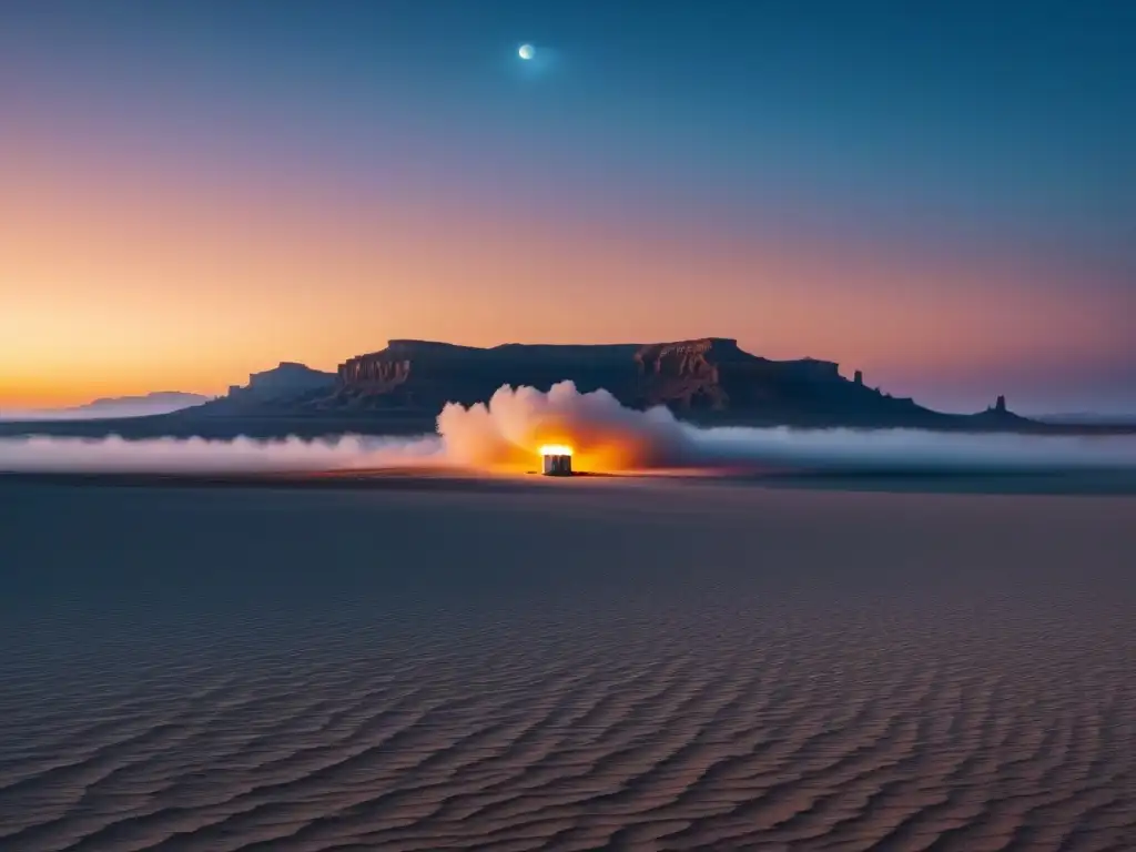 Un paisaje desértico al atardecer con una batería de litio suspendida en el aire