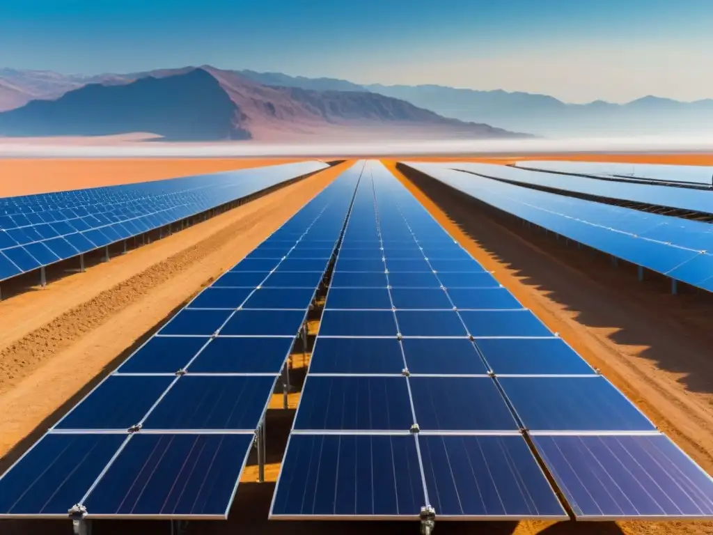 Un paisaje desértico con granja solar detallada, reflejando luz solar