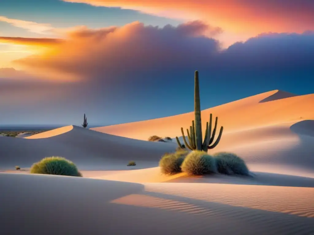 Un paisaje desértico sereno al atardecer con dunas de arena y un cactus solitario en silueta bajo un cielo colorido