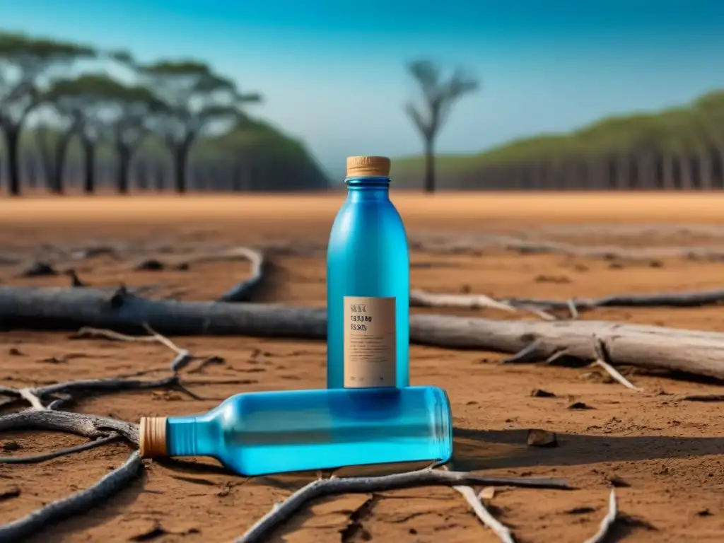 Un paisaje desolado con árboles marchitos, tierra agrietada y una botella de plástico abandonada