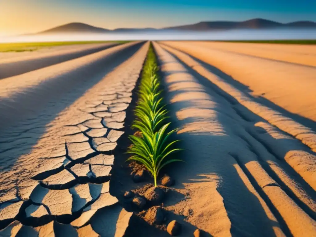 Un paisaje desolado y seco con tierra agrietada y cultivos marchitos, simbolizando el impacto del cambio climático en finanzas