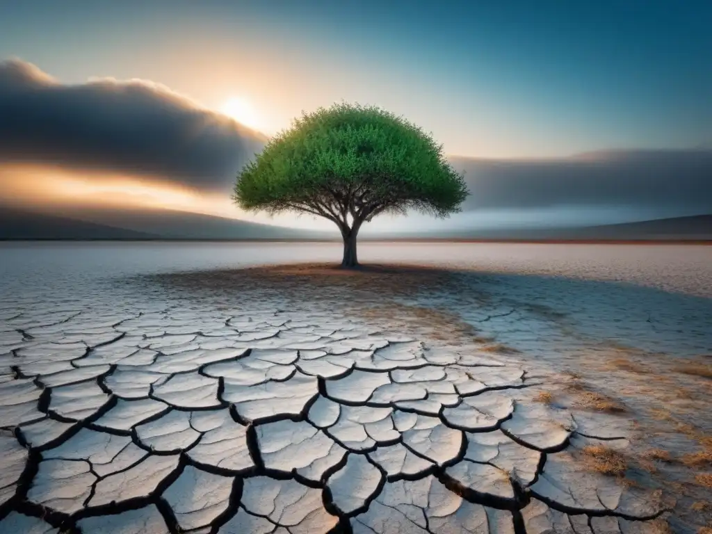 Un paisaje desolado con tierra agrietada, plantas marchitas y un árbol luchando, representando el impacto del consumo de carne en el cambio climático