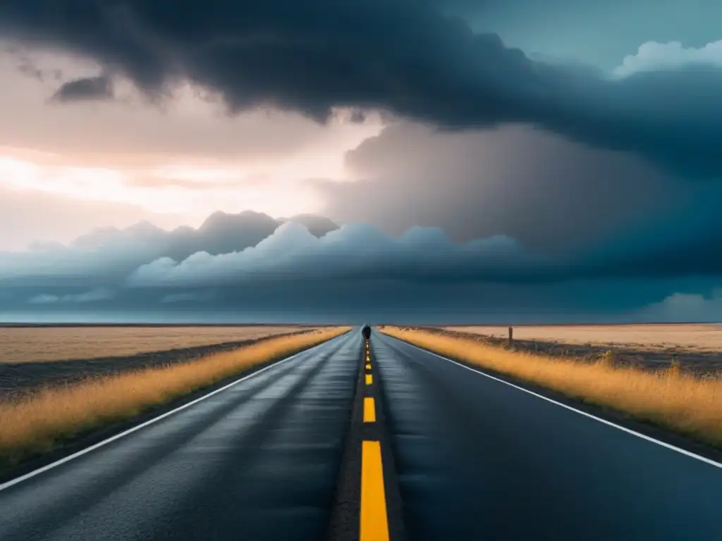 Un paisaje desolado y yermo con restos de autos oxidados en una carretera agrietada, bajo un cielo gris