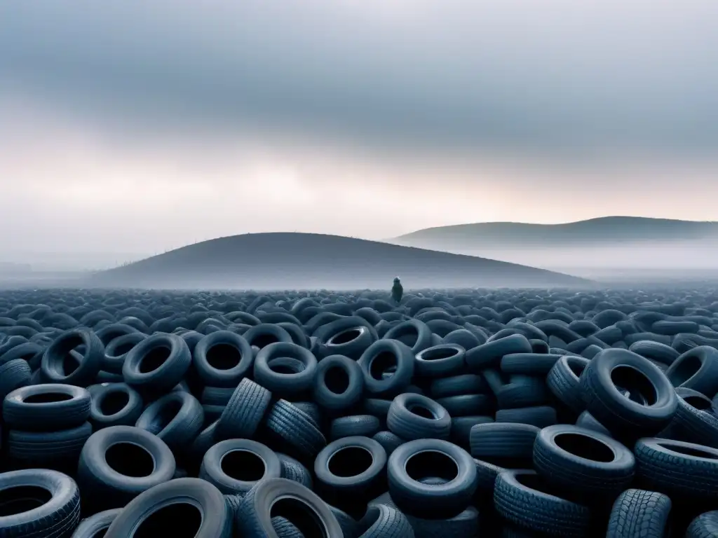 Un paisaje desolador de neumáticos usados se extiende bajo un cielo sombrío