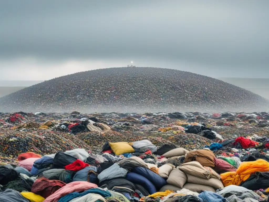 Un paisaje desolador de un vertedero rebosante de ropa desechada, ilustrando el impacto ambiental de la industria moda