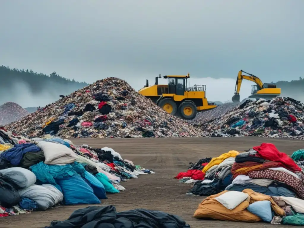 Paisaje desolador de vertedero repleto de ropa desechada, mostrando el impacto ambiental de la industria moda