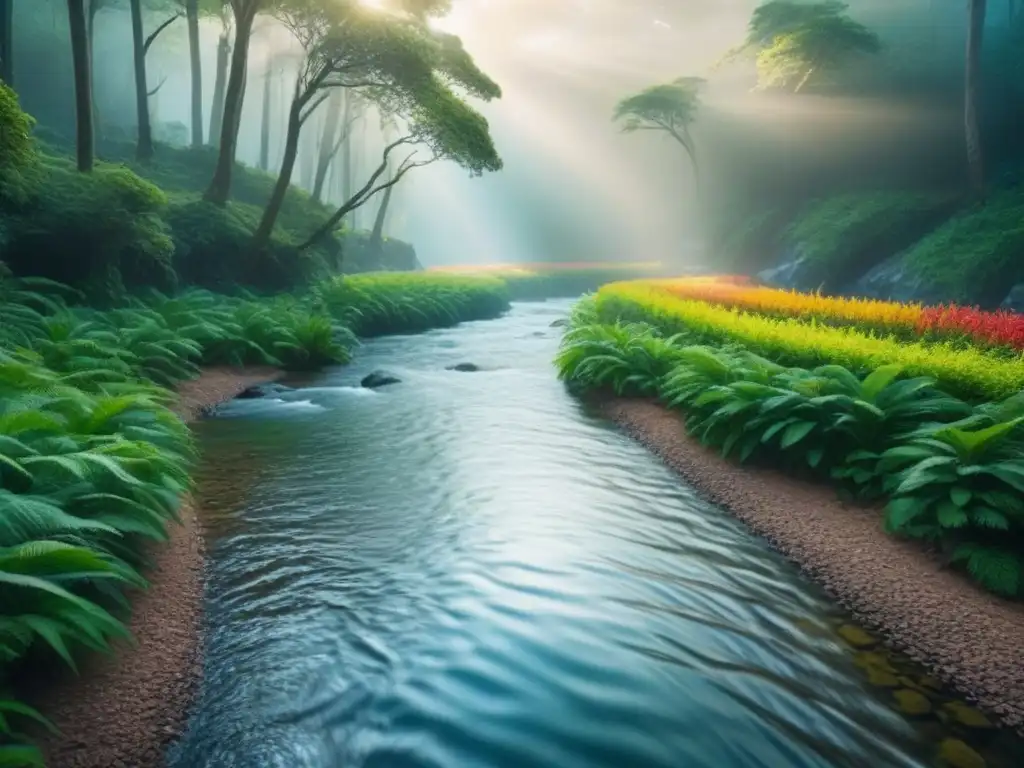 Un paisaje digital sereno con un bosque verde exuberante, un arroyo cristalino y aves coloridas volando