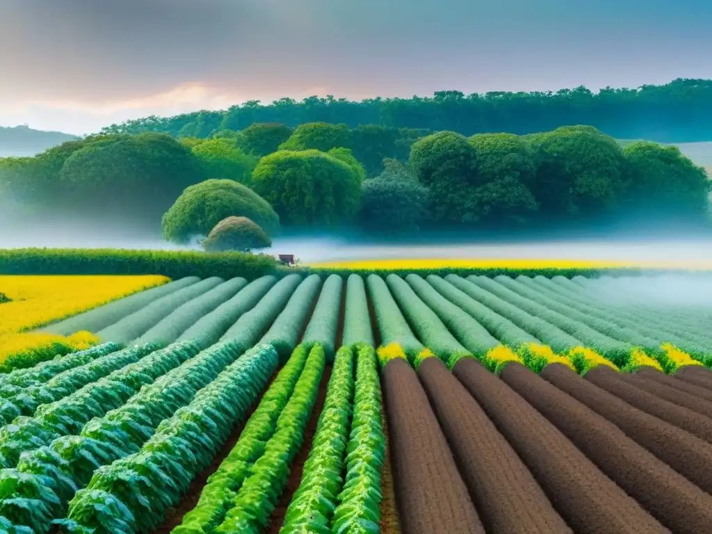 Un paisaje agrícola diverso y exuberante muestra prácticas agrícolas sostenibles y biodiversidad