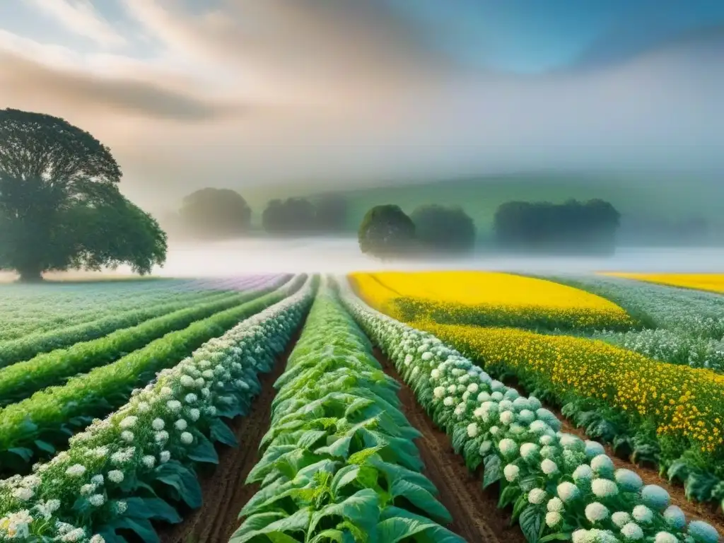 Un paisaje agrícola exuberante y diverso, con cultivos y flores silvestres, en armonía con la biodiversidad