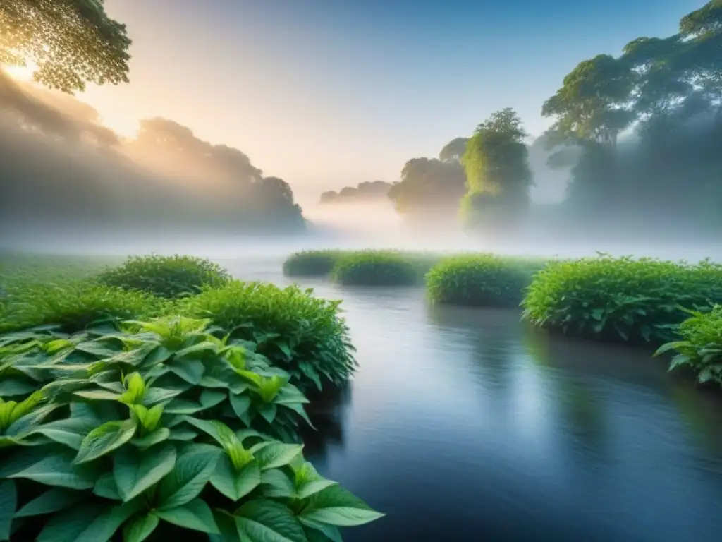 Un paisaje forestal sereno al amanecer con árboles verdes exuberantes, un río tranquilo y una neblina suave