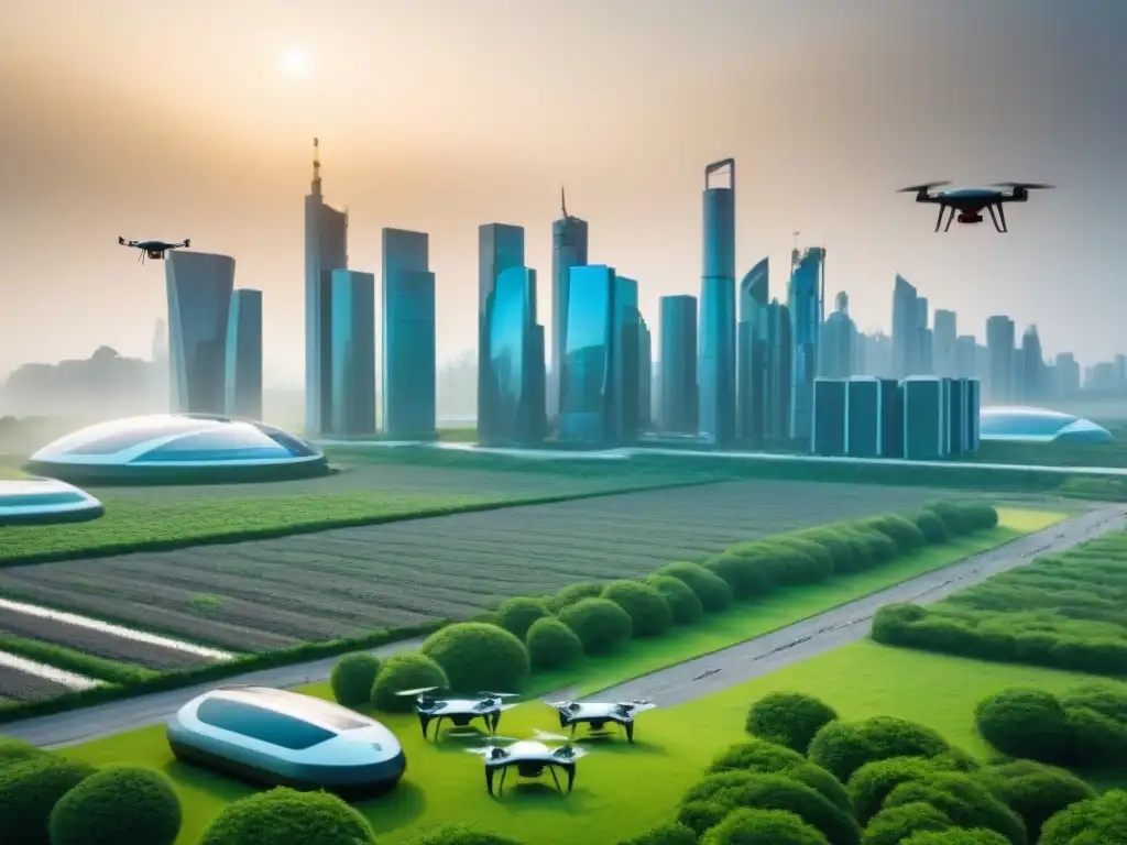 Un paisaje futurista de una ciudad sostenible con drones reciclando residuos