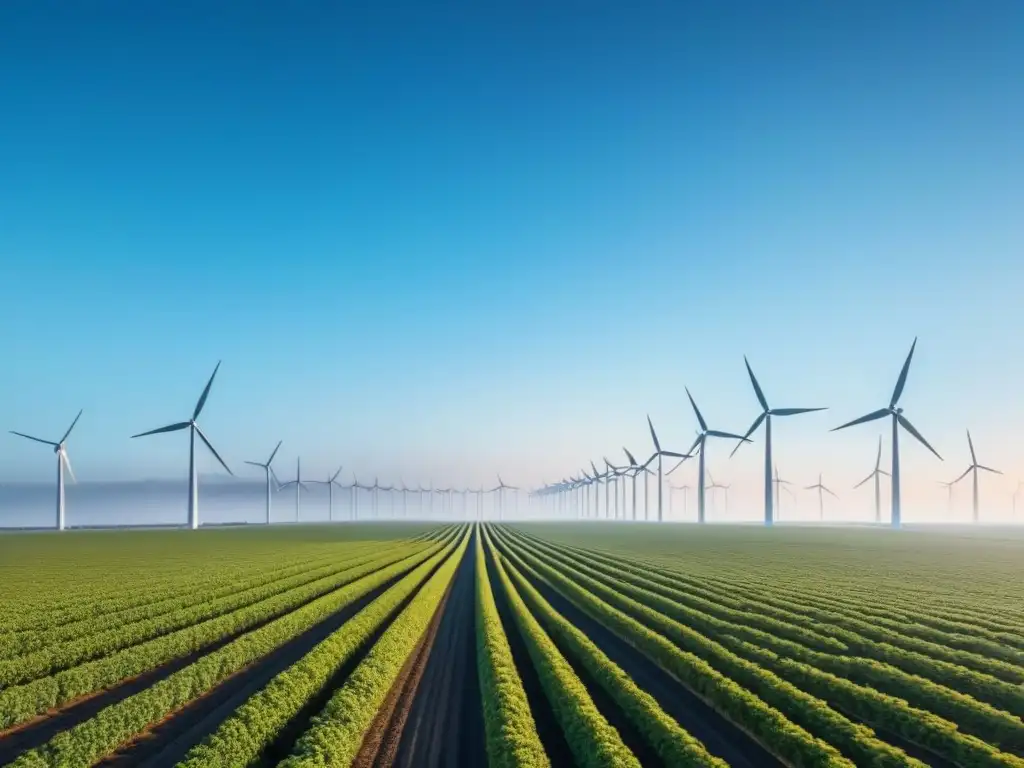 Un paisaje infinito de turbinas eólicas modernas bajo un cielo azul claro, simbolizando la inversión en energía eólica sostenible