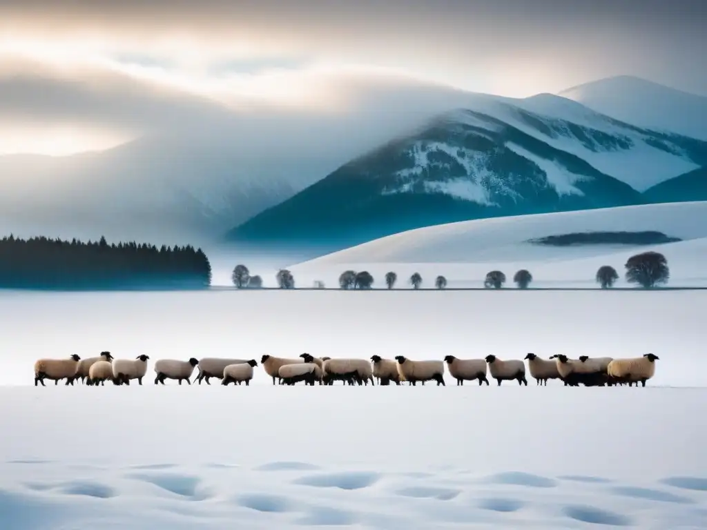 Un paisaje invernal sereno con ovejas pastando en la nieve, evocando armonía con la naturaleza