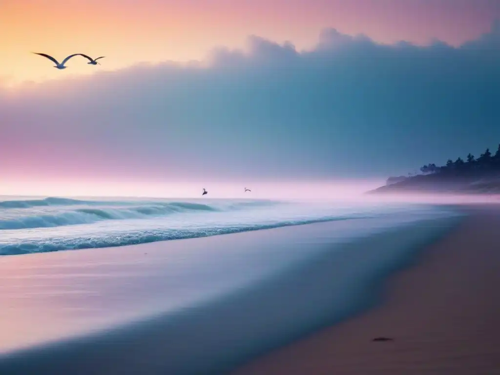 Paisaje marino al atardecer con olas suaves en una playa desierta