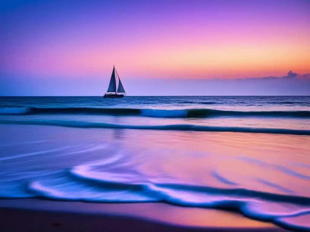 Paisaje marino sereno al atardecer con un velero solitario en el horizonte