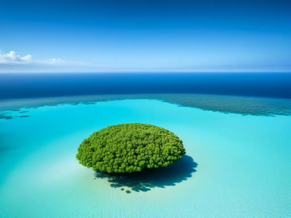 Un paisaje marino sereno con un cielo azul y un coral, resaltando la importancia de los protectores solares sostenibles piel