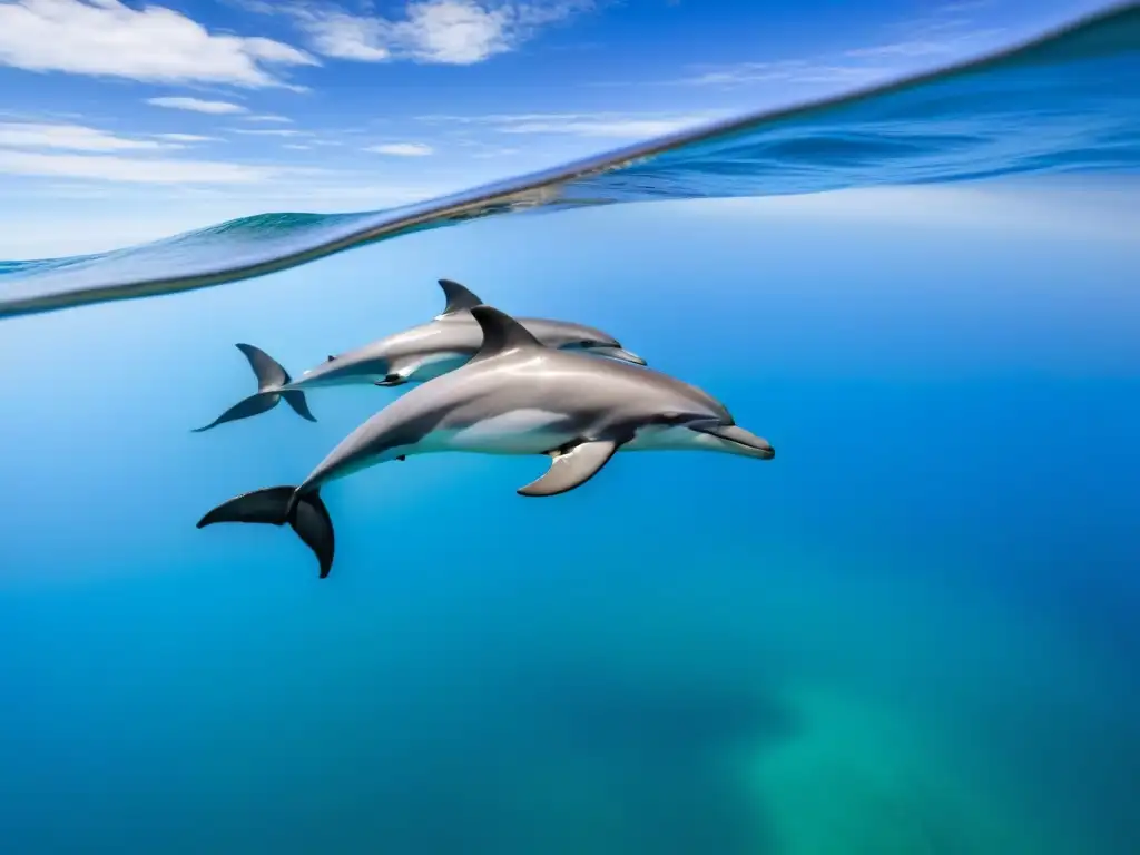 Paisaje marino sereno con delfines nadando, reflejando cielo azul sin nubes