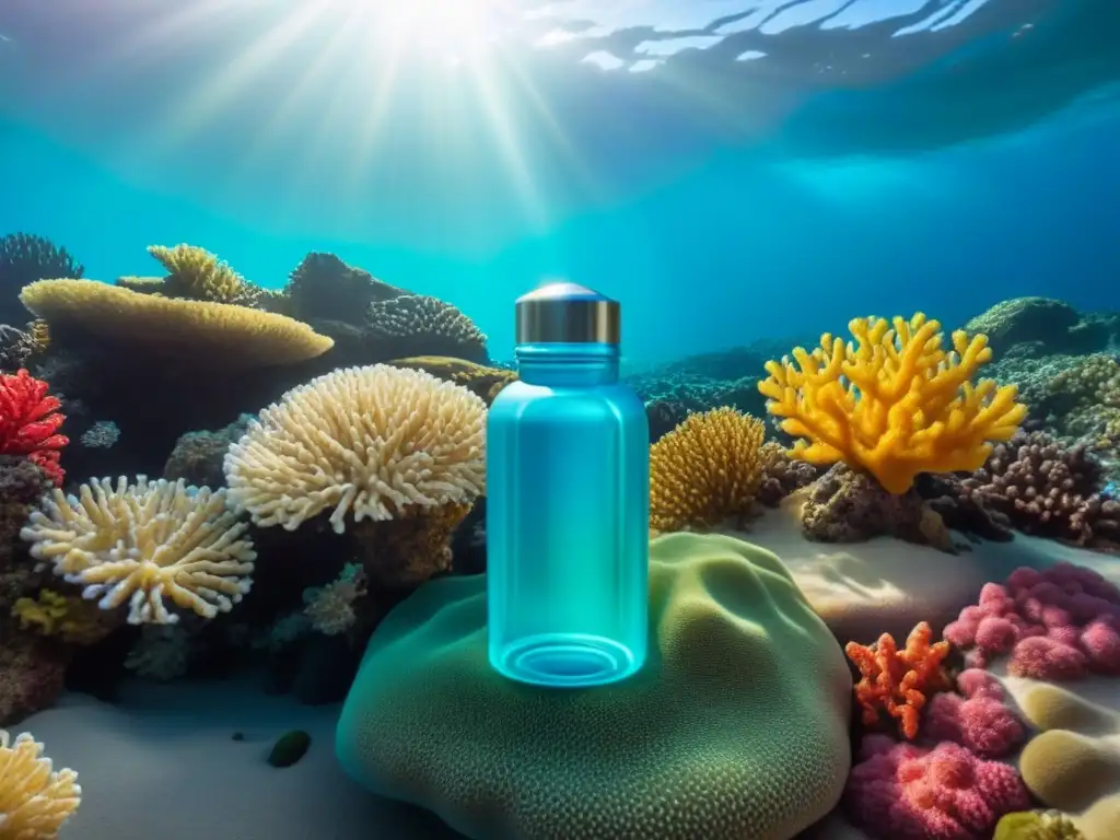 Un paisaje marino vibrante con arrecife de coral y protectores solares ecológicos sostenibles