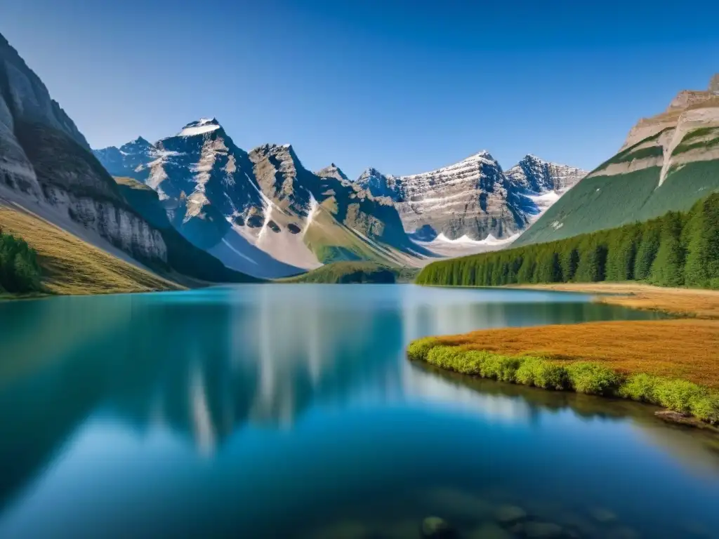 Paisaje natural con lago, montañas nevadas y cielo azul