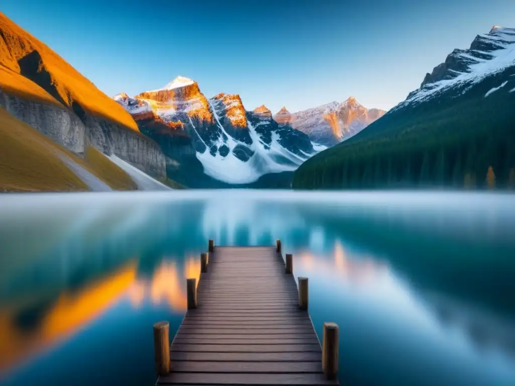 Un paisaje natural sereno y prístino con un lago cristalino reflejando montañas nevadas