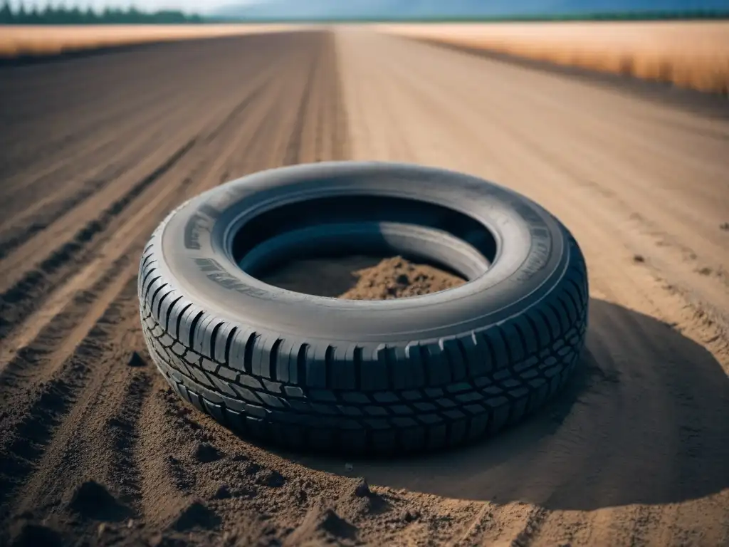 Un paisaje natural vasto y solitario con un neumático abandonado, simbolizando el impacto de neumáticos desechados en ecosistemas terrestres