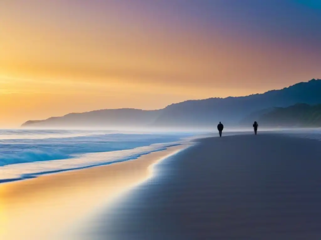 Paisaje playero al atardecer con luz dorada reflejada en el mar, arena limpia y dos figuras caminando