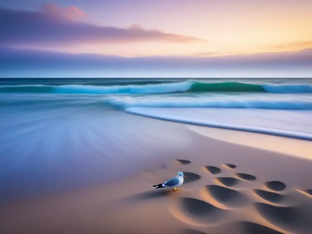 Paisaje sereno en la playa al amanecer Paisaje playero sereno al amanecer, con olas suaves y una costa prístina