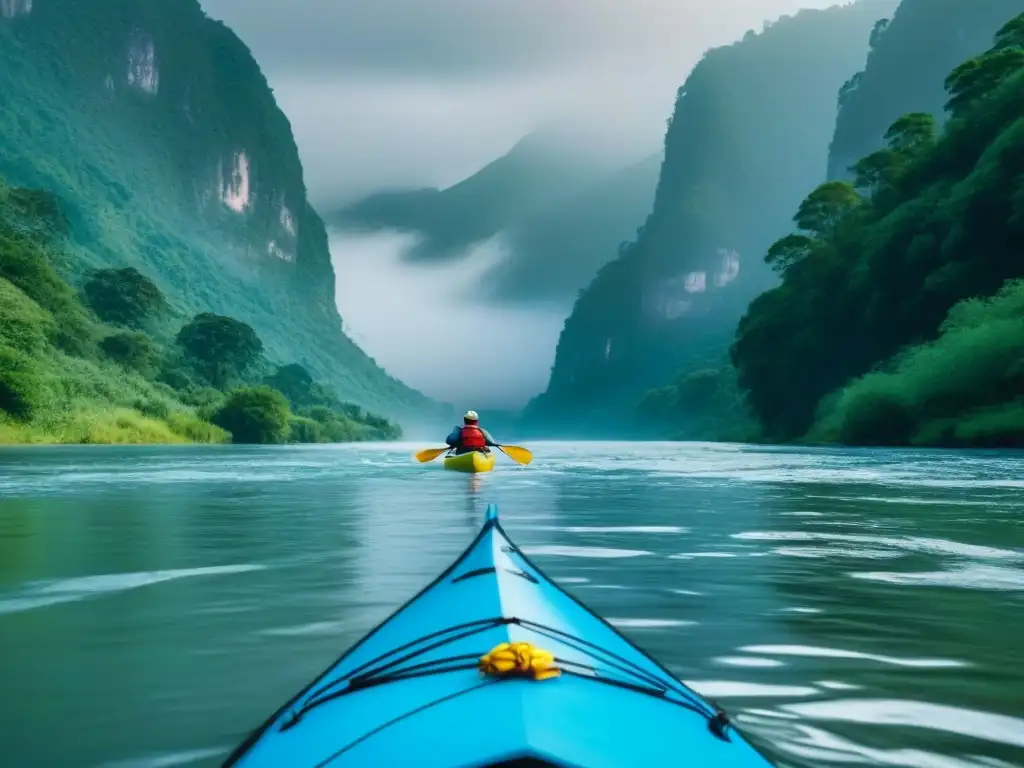 Un paisaje de río sereno con kayaks y bosques verdes