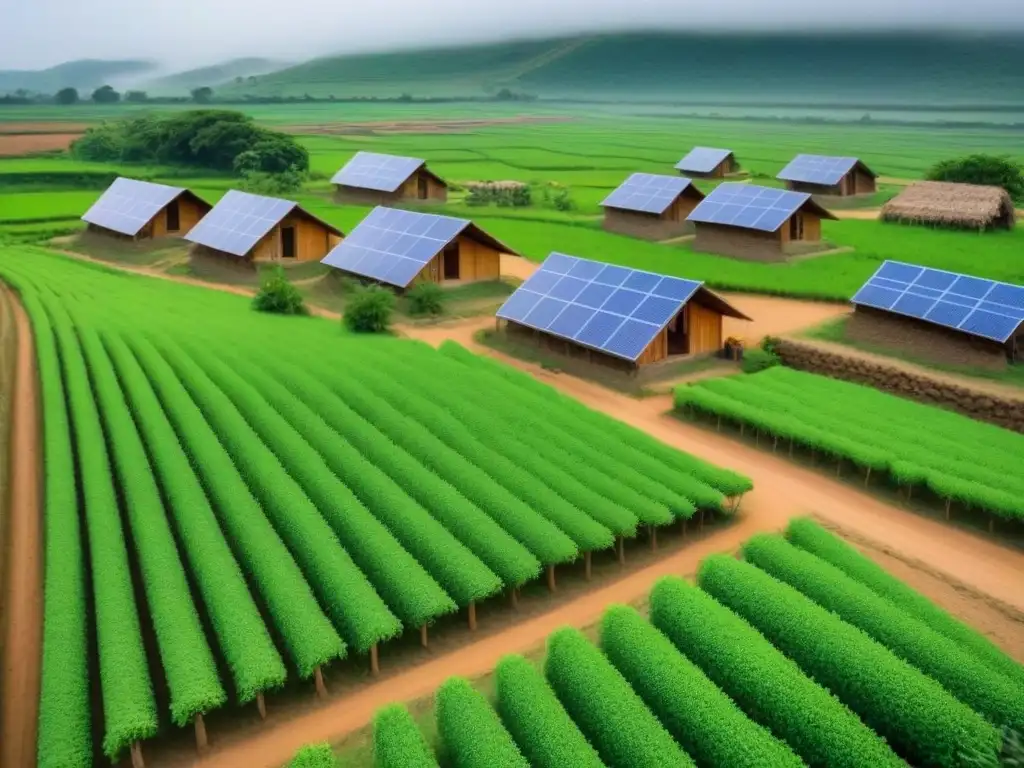 Paisaje rural con casas sostenibles de madera y arcilla, rodeadas de vegetación exuberante y paneles solares en techos