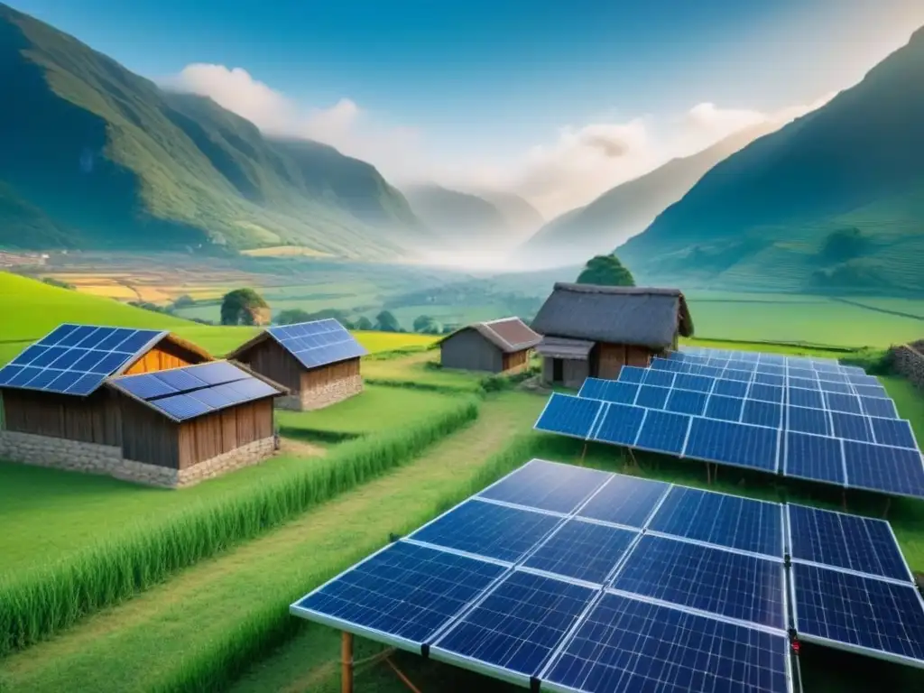 Paisaje rural con casas tradicionales, paneles solares y montañas al fondo