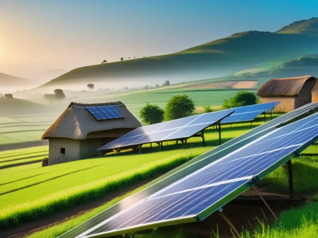 Paisaje rural con energía solar en comunidades rurales al amanecer, mezcla de tradición y modernidad bajo la luz dorada