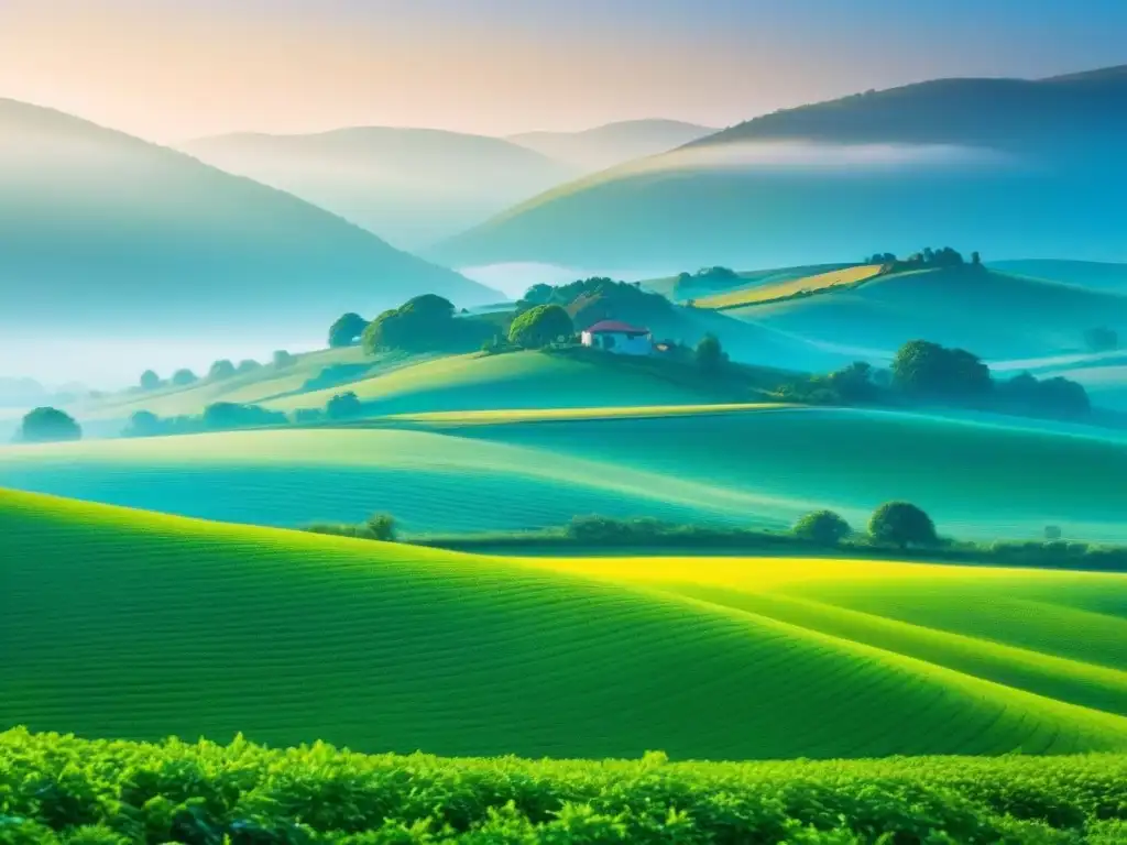 Paisaje rural sereno con colinas y un pueblo entre vegetación, bajo cielo azul