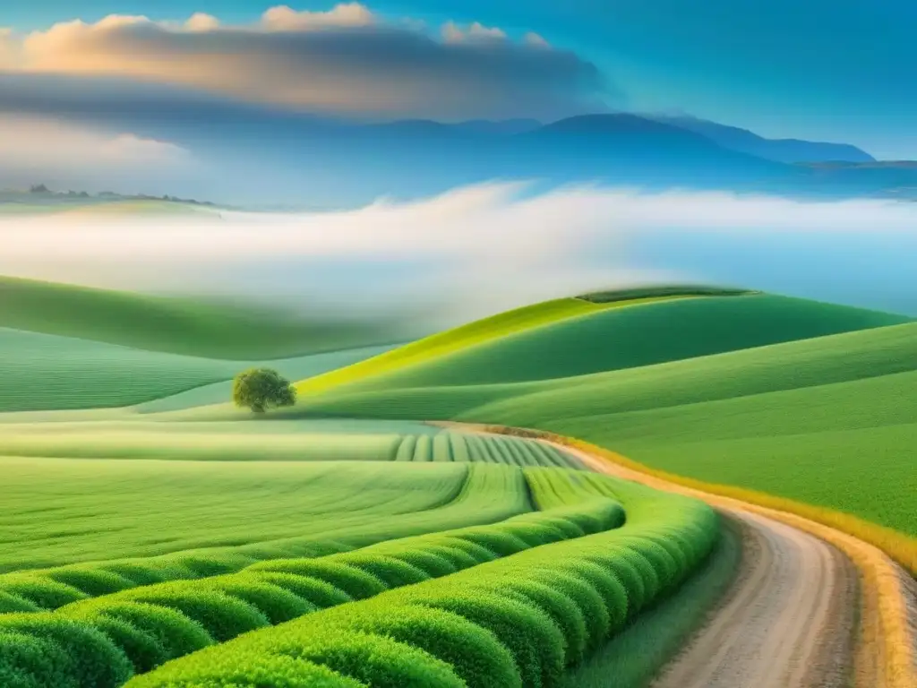 Paisaje rural sereno para prácticas sostenibles Paisaje rural sereno y minimalista con colinas verdes y cielo azul claro, ideal para políticas de economía circular rurales