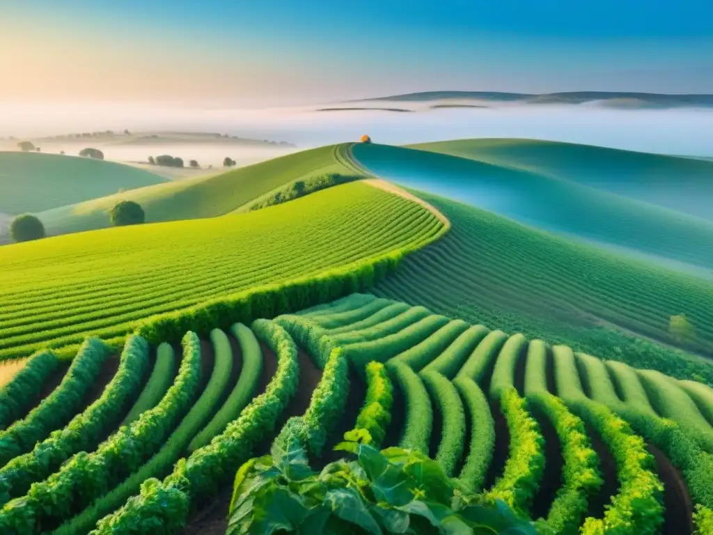 Armonía rural sostenible: paisaje verde con prácticas de economía circular Un paisaje rural sereno con prácticas de economía circular integradas, representando la armonía entre sostenibilidad y vida rural