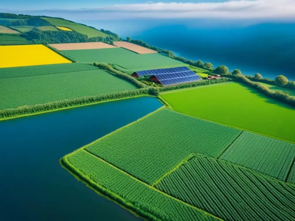 Un paisaje rural sostenible con energías renovables y biodiversidad, reflejando armonía entre humanos y naturaleza