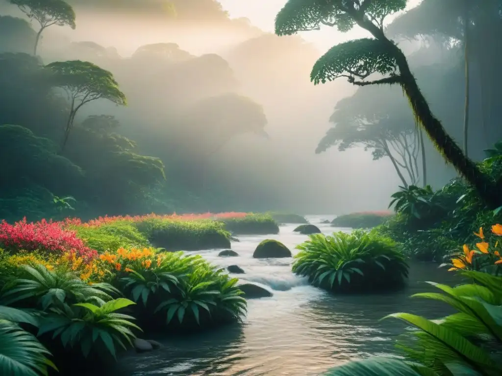 Un paisaje de selva serena con río cristalino, flores tropicales y árboles majestuosos