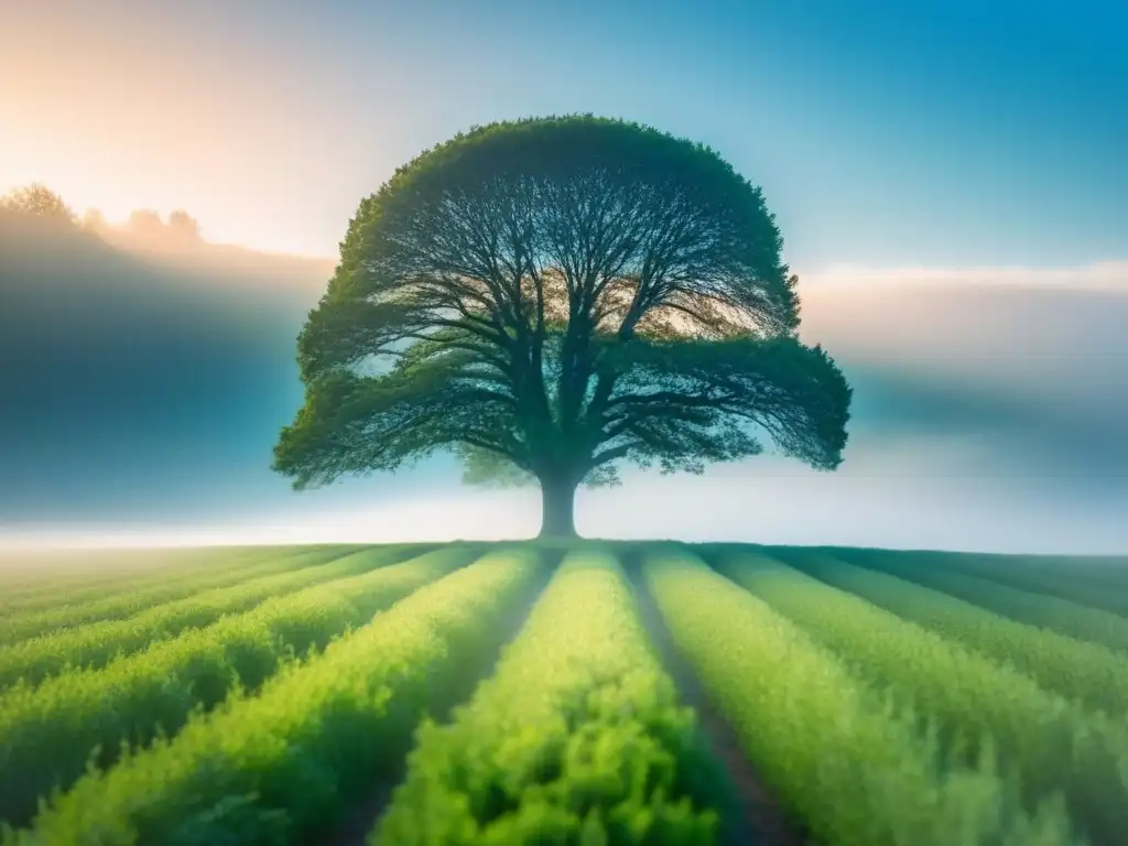 Un paisaje sereno y armonioso con un árbol solitario bajo el cielo azul, evocando una profunda conexión con la tierra