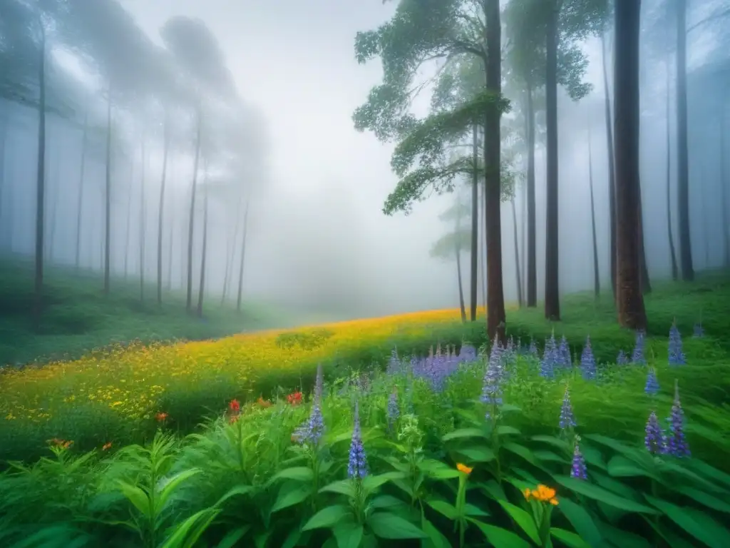 Paisaje sereno de arte recuperando espacios naturales degradados con bosque verde y flores silvestres coloridas