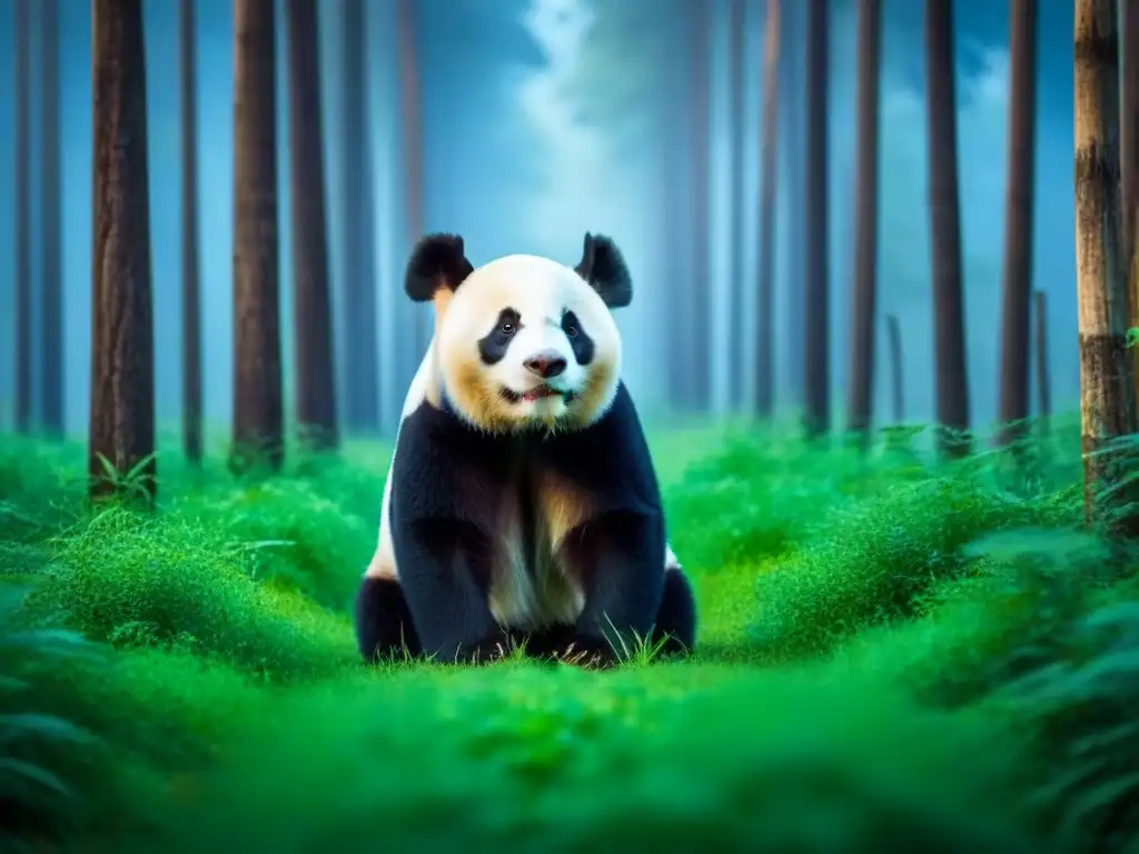 Paisaje sereno de bosque con un panda gigante, simbolizando la conservación mediante políticas públicas zero waste