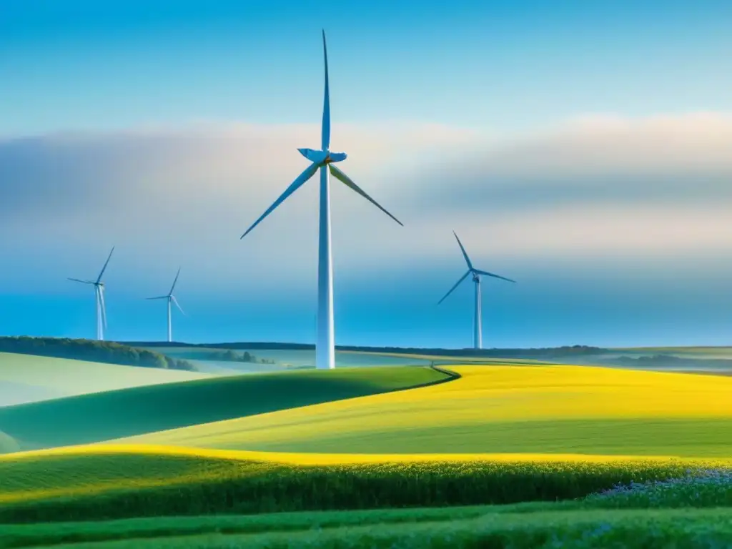 Un paisaje sereno de campo con un molino de viento moderno girando bajo un cielo azul