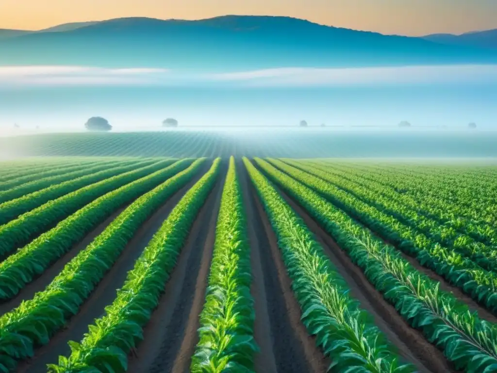 Un paisaje agrícola sereno con campos ordenados simbolizando la gestión de residuos agrícolas en erosión