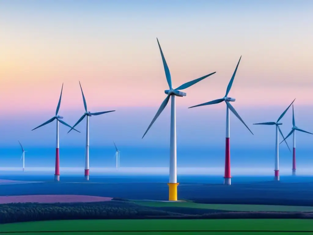 Un paisaje sereno con elegantes aerogeneradores, simbolizando la implementación global de energía eólica