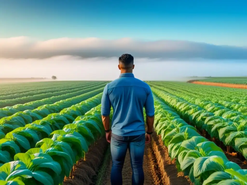 Un paisaje sereno de una granja agroecológica con cultivos diversos bajo un cielo azul claro, mostrando sostenibilidad y abundancia en la agricultura