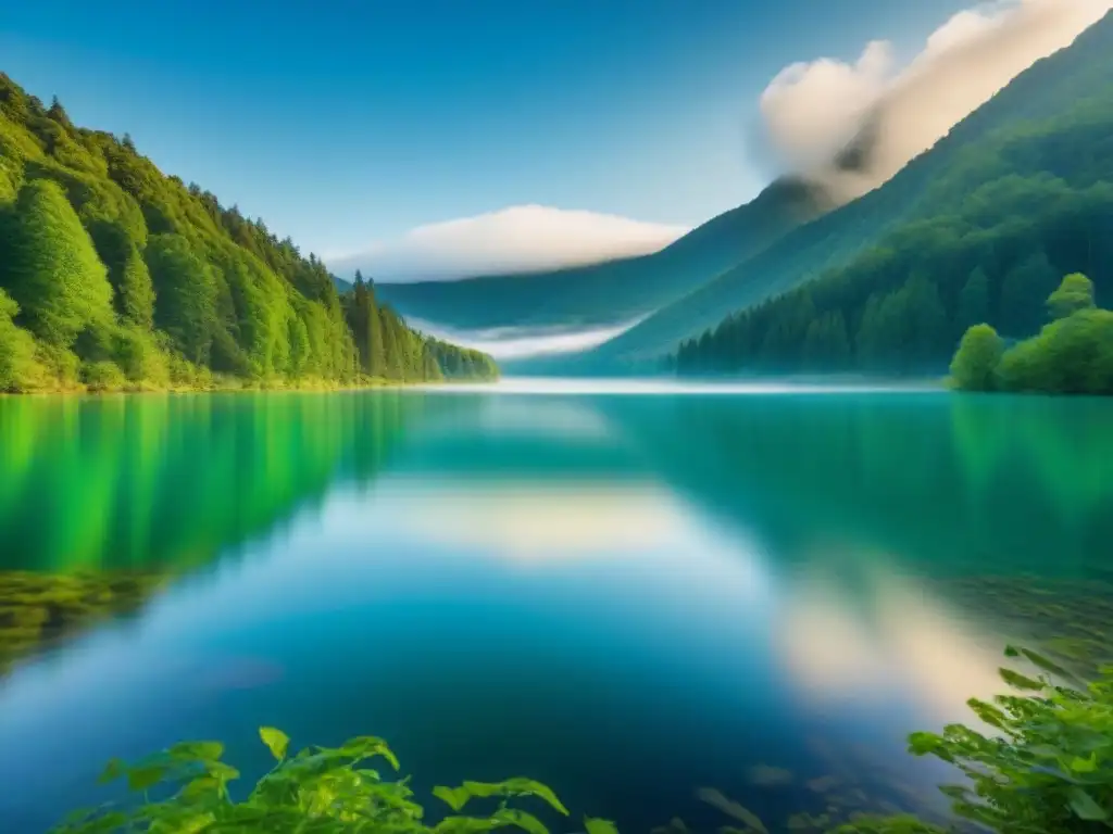 Paisaje sereno de lago y bosque reflejados bajo cielo azul, representa la importancia de la economía circular en gestión del agua