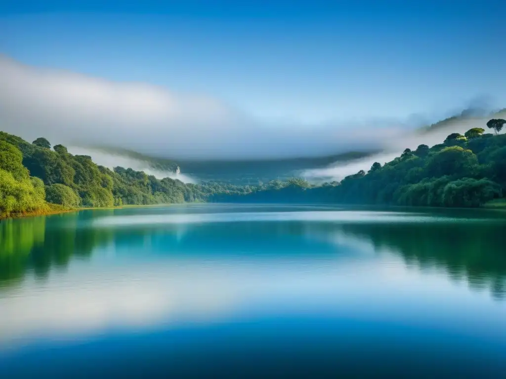 Paisaje sereno de lago reflejando el cielo azul, rodeado de vegetación, con toques industriales