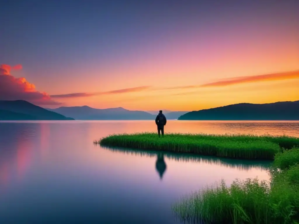 Un paisaje sereno con un lago cristalino reflejando un vibrante atardecer, rodeado de vegetación y montañas