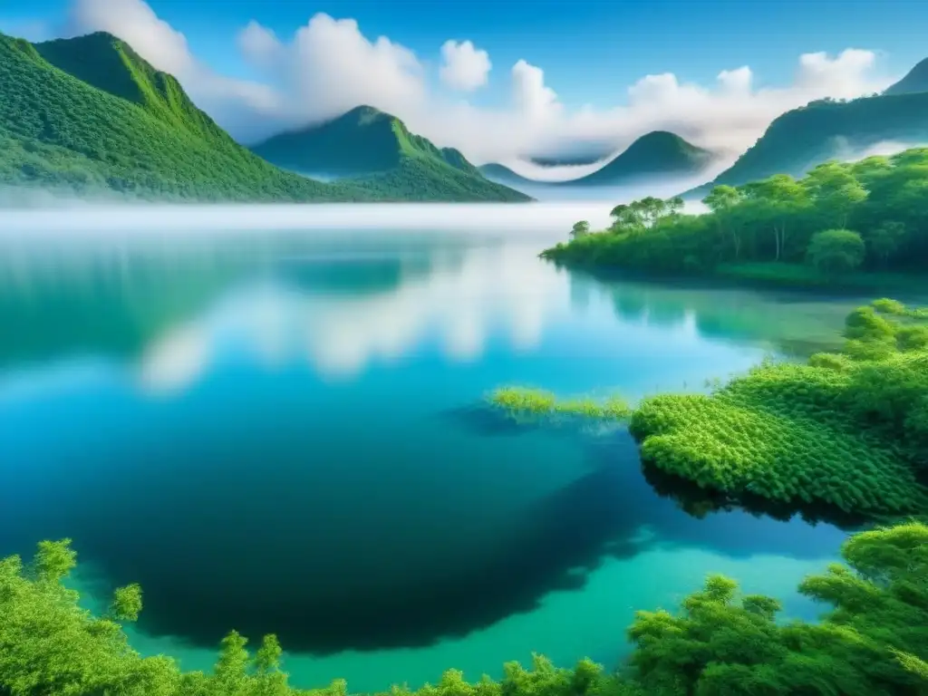 Paisaje sereno de lago cristalino rodeado de vegetación, reflejando cielo azul y nubes blancas